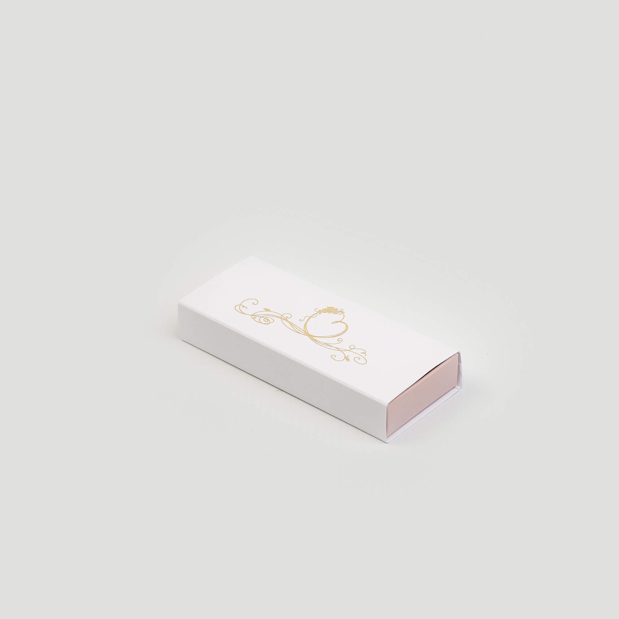 Boîte tiroir pour dragées, 45x110x20, intérieur couleur rose, extérieur couleur blanc, impression dorée