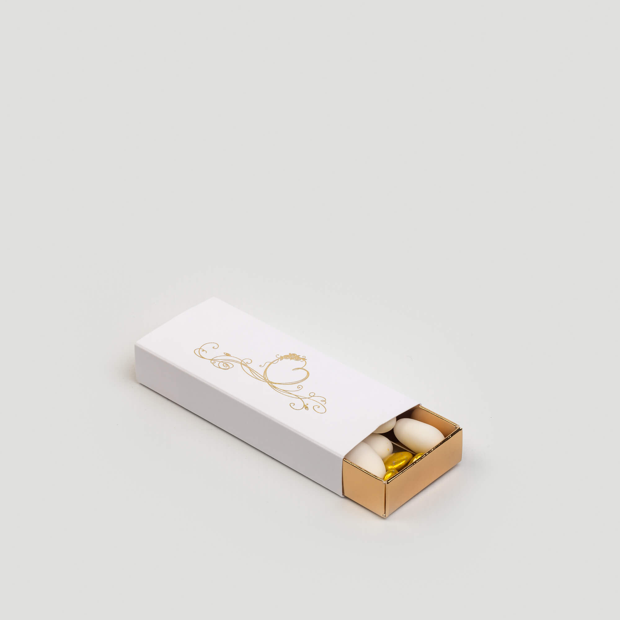 Boîte tiroir pour dragées, 40x75x23, intérieur couleur or, extérieur couleur blanc