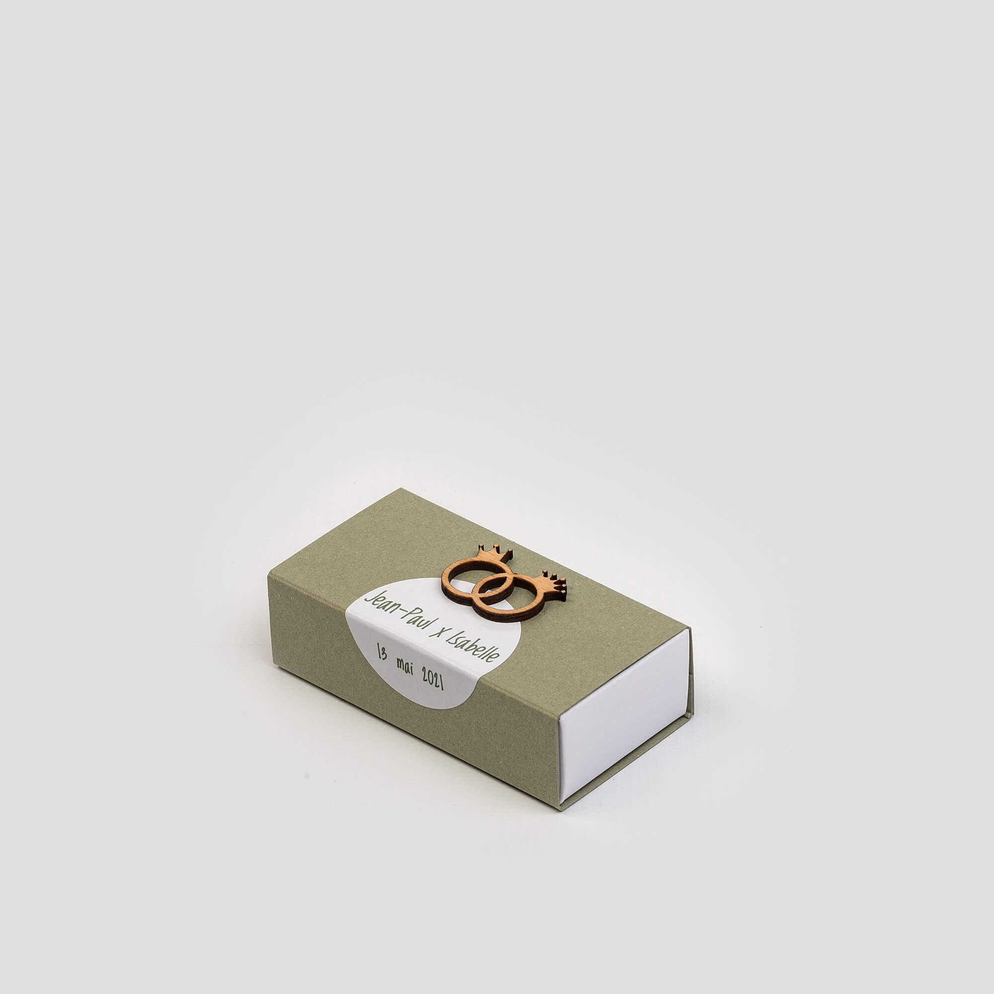 Boîte tiroir pour dragées, 40x75x23, intérieur couleur vert de gris, extérieur couleur blanc, impression dorée