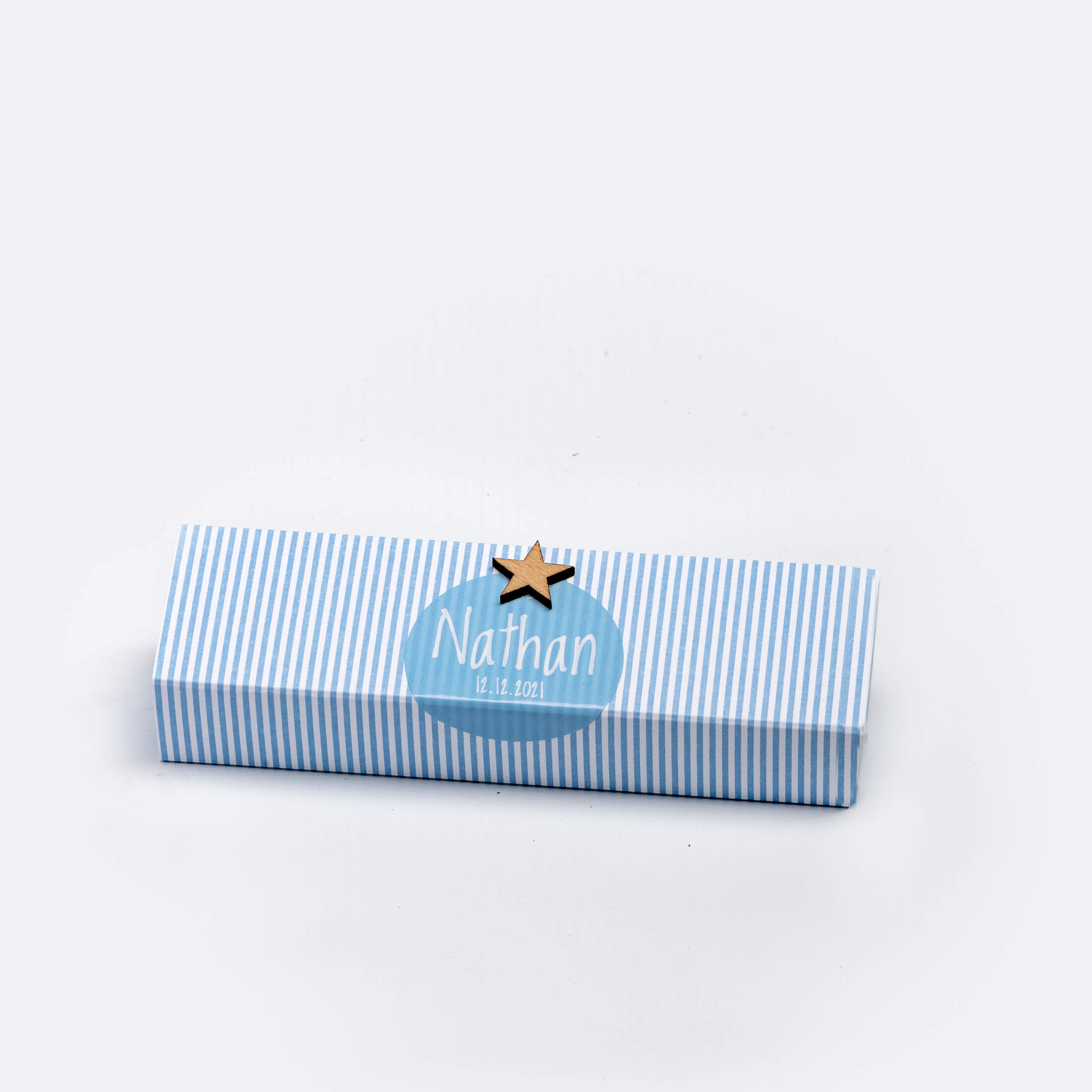 Boîte tiroir pour dragées, longueur 12 cm., couleur bleu , lignée