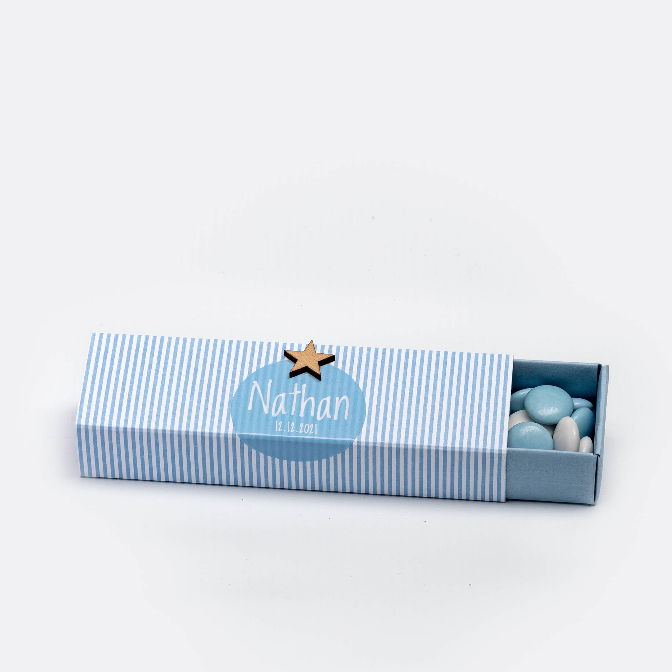Boîte tiroir pour dragées, longueur 12 cm., couleur bleu , lignée